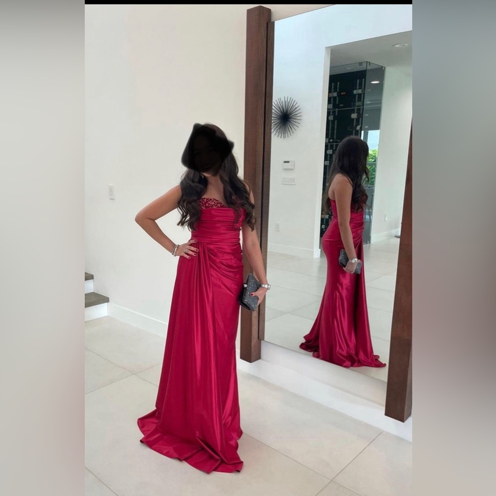 Silk red corset prom dress size 0 for sale for $400. Original price was $508.